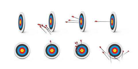 Archery target with arrows set, front and side view vector illustration. Realistic isolated dartboard collection with arrows in bullseye center, archers darts hit or miss circle boards.