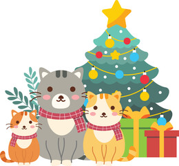 Illustration of a cat family and a Christmas tree