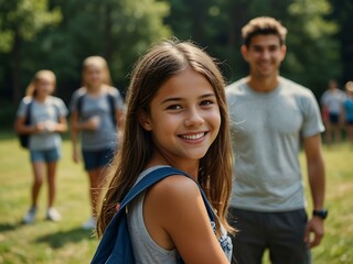 Obraz premium Smiling girl at summer camp, friends in the background.