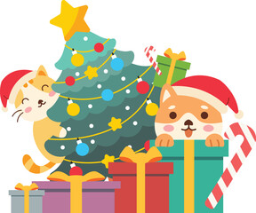 Obraz premium Festive Illustration of Cats and Dogs with Christmas Tree