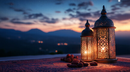 Fototapeta premium Ramadan, night sky with stars, Arabic lantern and dates on the ground, next to it there is an old carpet, beautiful view of mountains in the background.