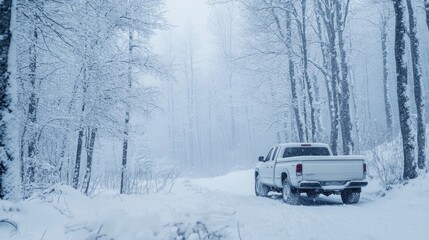 A white pickup truck driving through a snow-covered forest, with thick snow on the ground and trees