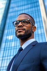 Fototapeta premium Confident man in business attire stands before modern office building in bustling city setting