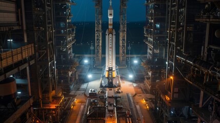 Rocket on launch platform with intricate scaffolding and illuminated surroundings before liftoff