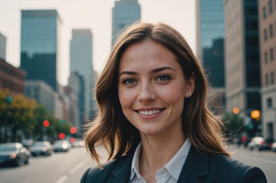 Close portrait of a smiling young American businesswoman looking at the camera, American big city outdoors blurred background