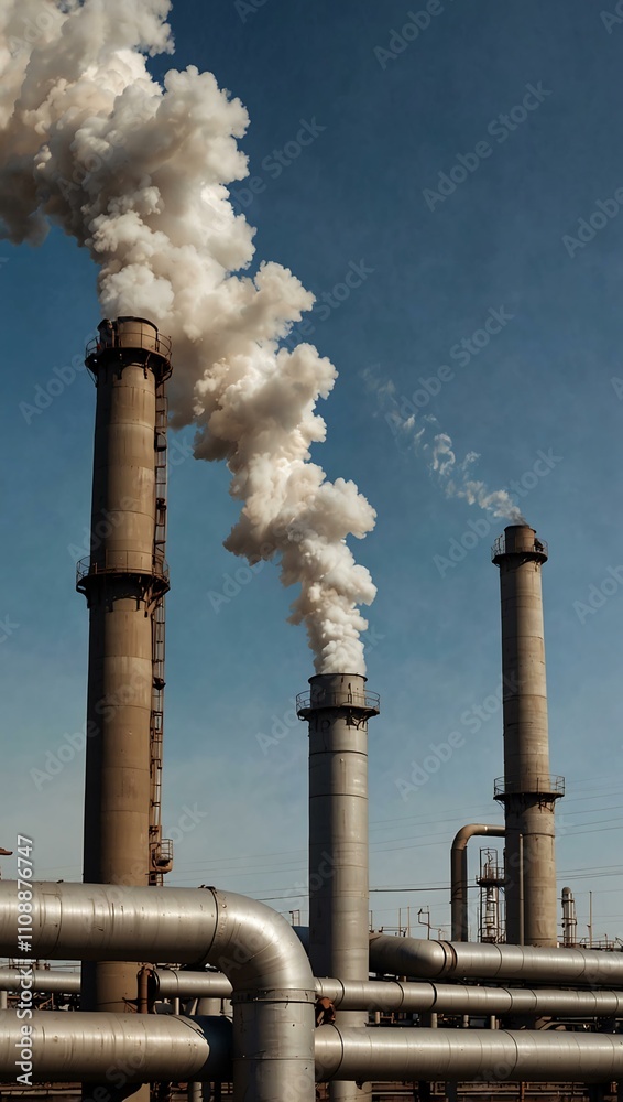 Wall mural Smoke rising from industrial pipes, environmental pollution.