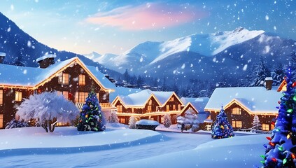 Fototapeta premium Snowy Mountain Village Christmas Lights Festive Scene
