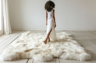 Large sheepskin rug, with a woman walking barefoot on it, creating a feeling of softness, warmth, and comfort