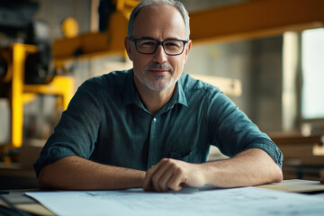 Obraz premium A frontal view of a middle-aged engineer with a hint of a smile, working on a blueprint with engineering tools, dressed in a shirt, representing a construction concept.