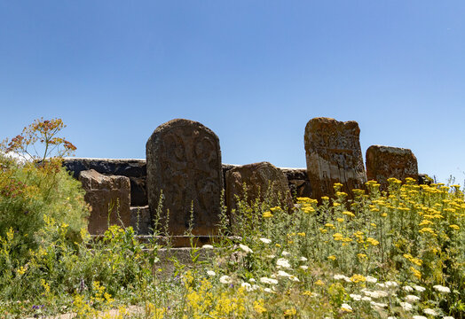 Sevanavank monastery in Armenia showcases its historical stones among blooming wildflowers on a sunny day.