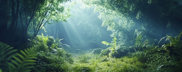 Sunbeams filtering through lush forest canopy in the early morning
