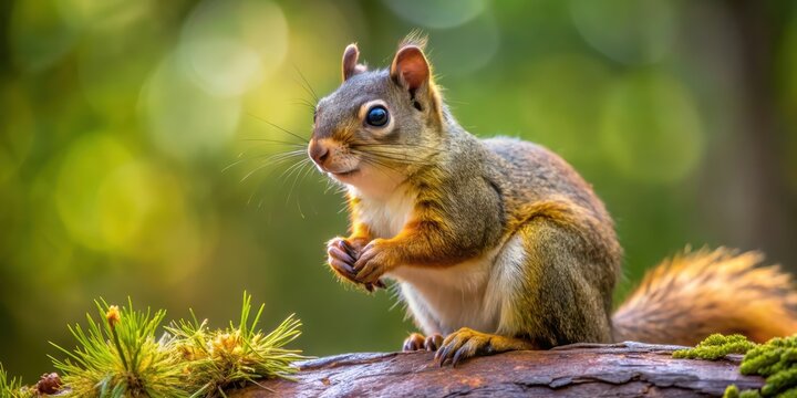 A close-up photo of a Douglas pine squirrel in its natural habitat , wildlife, forest, cute, furry, small, rodent