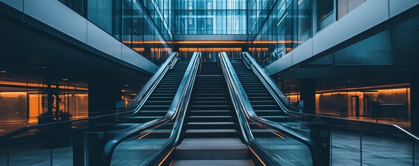 Modern escalators going up in contemporary office building