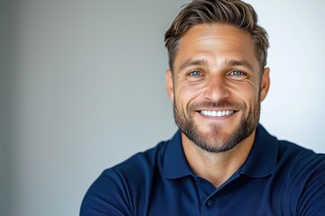 Obraz premium Cheerful German man with crossed arms smiles at the camera in bright daylight against a white background