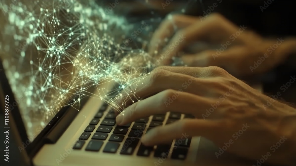 Poster hands typing on laptop, glowing network data.