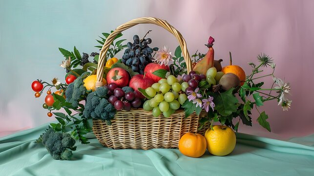 seasonal fresh tempra assorted basket on pink and green background