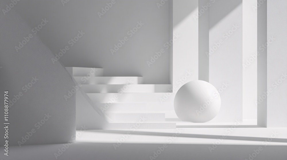 Poster White minimalist architectural space featuring sphere and staircase design