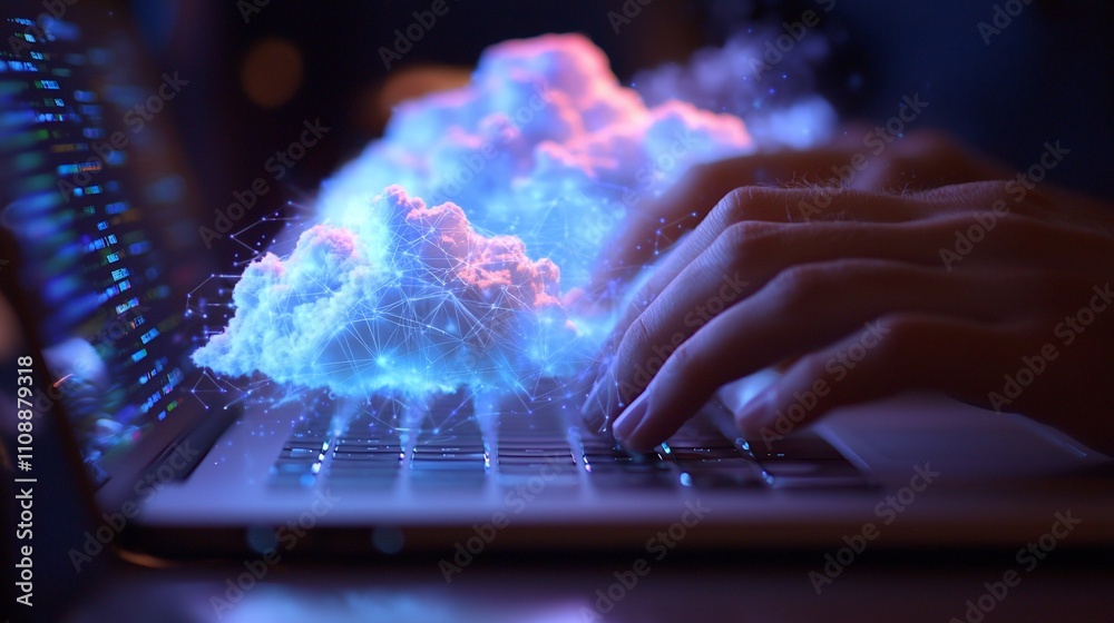 Poster Hands typing on laptop with glowing cloud computing network.