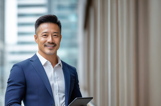 Professional asian ceo in business suit confidently using tablet in modern office setting during daytime