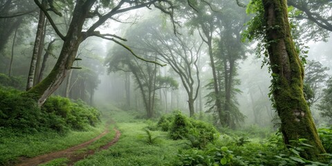 Fototapeta premium Exotic foggy forest with lush greenery and misty atmosphere , jungle, panorama, oasis, dark, natural, landscape, , mist
