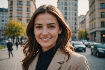 Fototapeta premium Close portrait of a smiling young Bosnian businesswoman looking at the camera, Bosnian big city outdoors blurred background