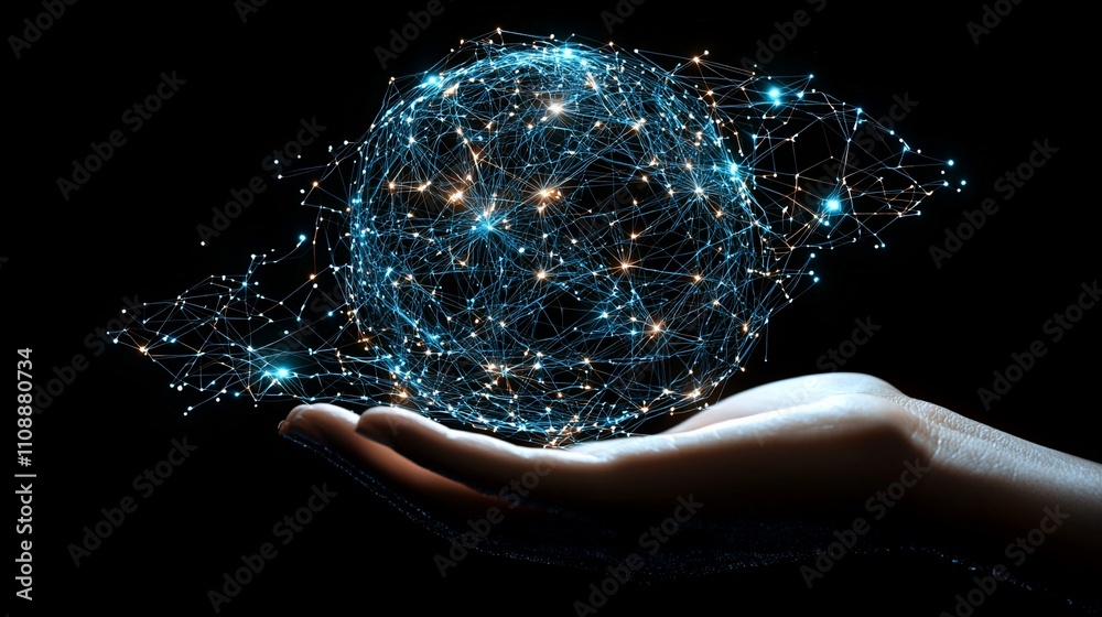 Poster glowing network sphere in hand, digital connectivity concept.