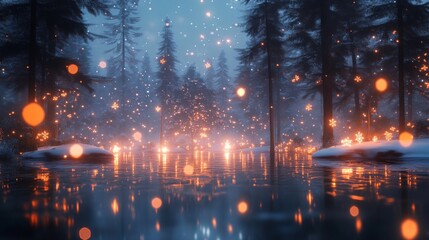 Enchanting Winter Forest with Lights Reflecting in a Lake