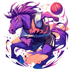 Purple unicorn playing basketball.