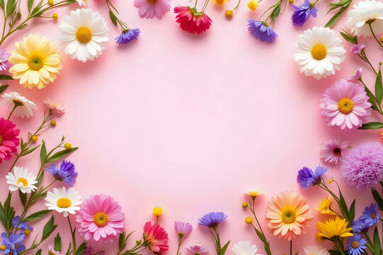 Wildflowers colorful frame on pink paper background, flat lay with space for text. Blooming spring flowers, floral greeting card template. Happy Mother's day concept. Hello spring