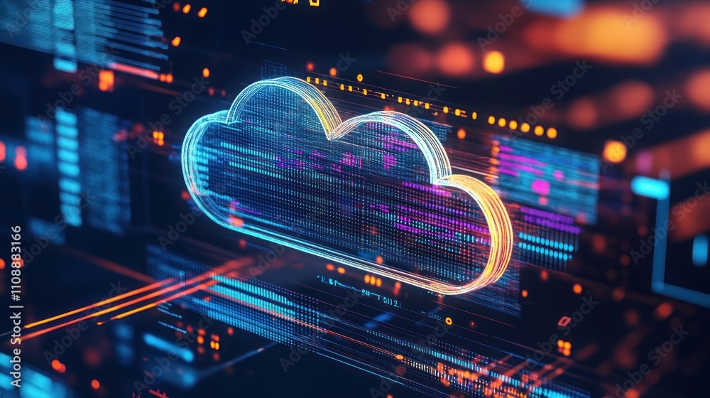 Poster digital cloud symbol with data streams in a tech setting