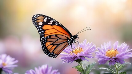 Obraz premium Monarch butterfly delighting in purple flowers within a vibrant natural setting