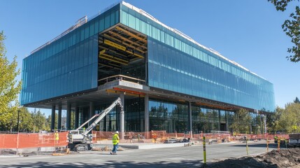 Obraz premium Modern Glass Building Under Construction Site Workers Present