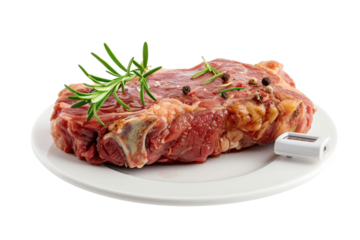 Fresh raw meat with herbs and a meat thermometer displayed on a white plate for proper cooking preparation
