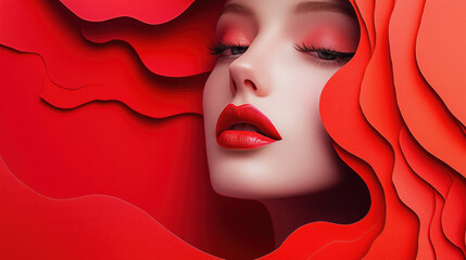 Obraz premium Illustration of a woman face with flowers in a paper cut style, perfect for Mother's Day and International Women's Day, makeup