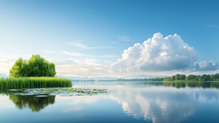 Obraz premium Scenic landscape of wild animals by a serene lake in a vibrant natural environment