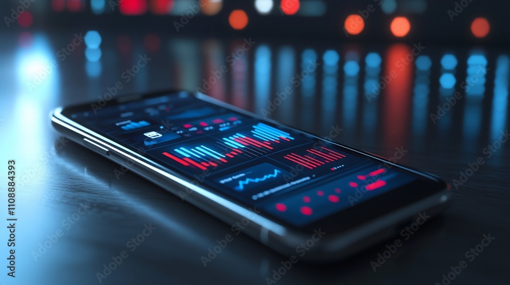 Aufkleber Smartphone displaying financial data charts and graphs on dark reflective surface.