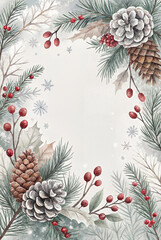Fototapeta premium Christmas border with pinecones, holly, and snow accents