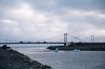 Bridge above Jokulsarlon. Glacier lake in Iceland. Road trip.