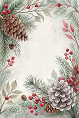 Fototapeta premium Pinecones, holly, and berries holiday decorative frame