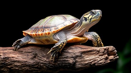 Wild animals in nature a close-up of a turtle on a log in its natural habitat