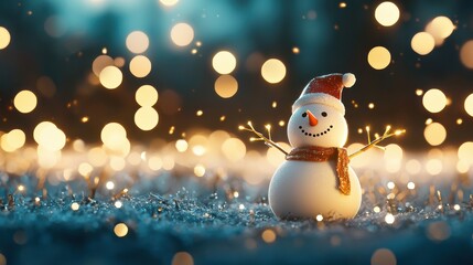 Fototapeta premium A cheerful snowman in a festive scene, adorned with a red hat and scarf, surrounded by glowing lights on a snowy background.