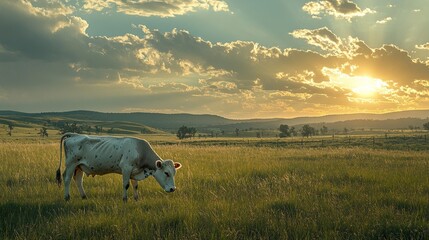 Sunset Serenity: A Cow Grazing in a Golden Meadow