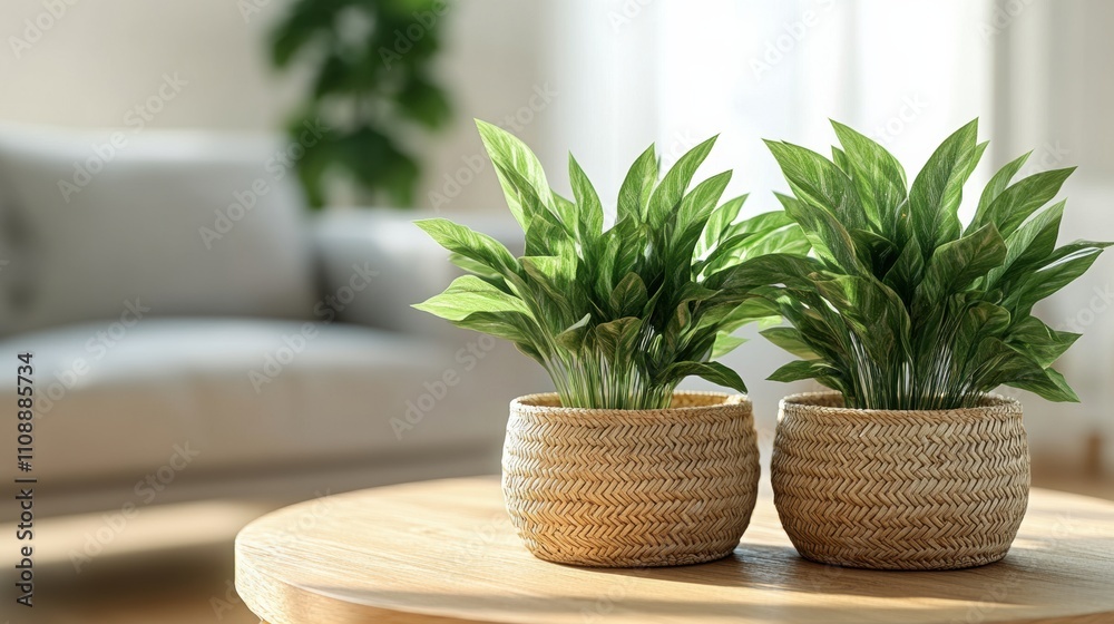 Wall mural Two green plants in woven baskets on a wooden table in a living room