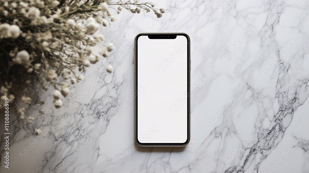 Poster smartphone with blank screen displaying on marble table with decorative plants