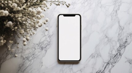 Smartphone with blank screen displaying on marble table with decorative plants