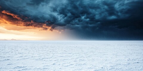 A dramatic seascape featuring dark storm clouds contrasting with a glowing sunset over calm water.