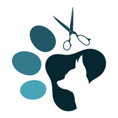 Animal paw print, dog profile and scissors. Symbol for grooming and caring for pets