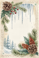 Fototapeta premium Christmas pinecone border with frosted winter backdrop