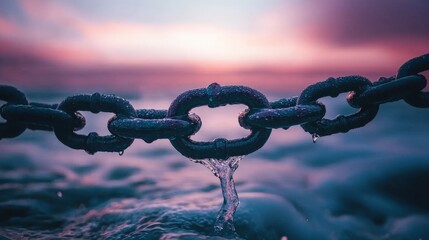 Dramatic Close up  Wet Metal Chain  Water Drops  Strength  Resilience  Connection  Sunset