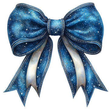 deep blue ribben, football coquette bow with a glittery, star-like pattern isolated on white
